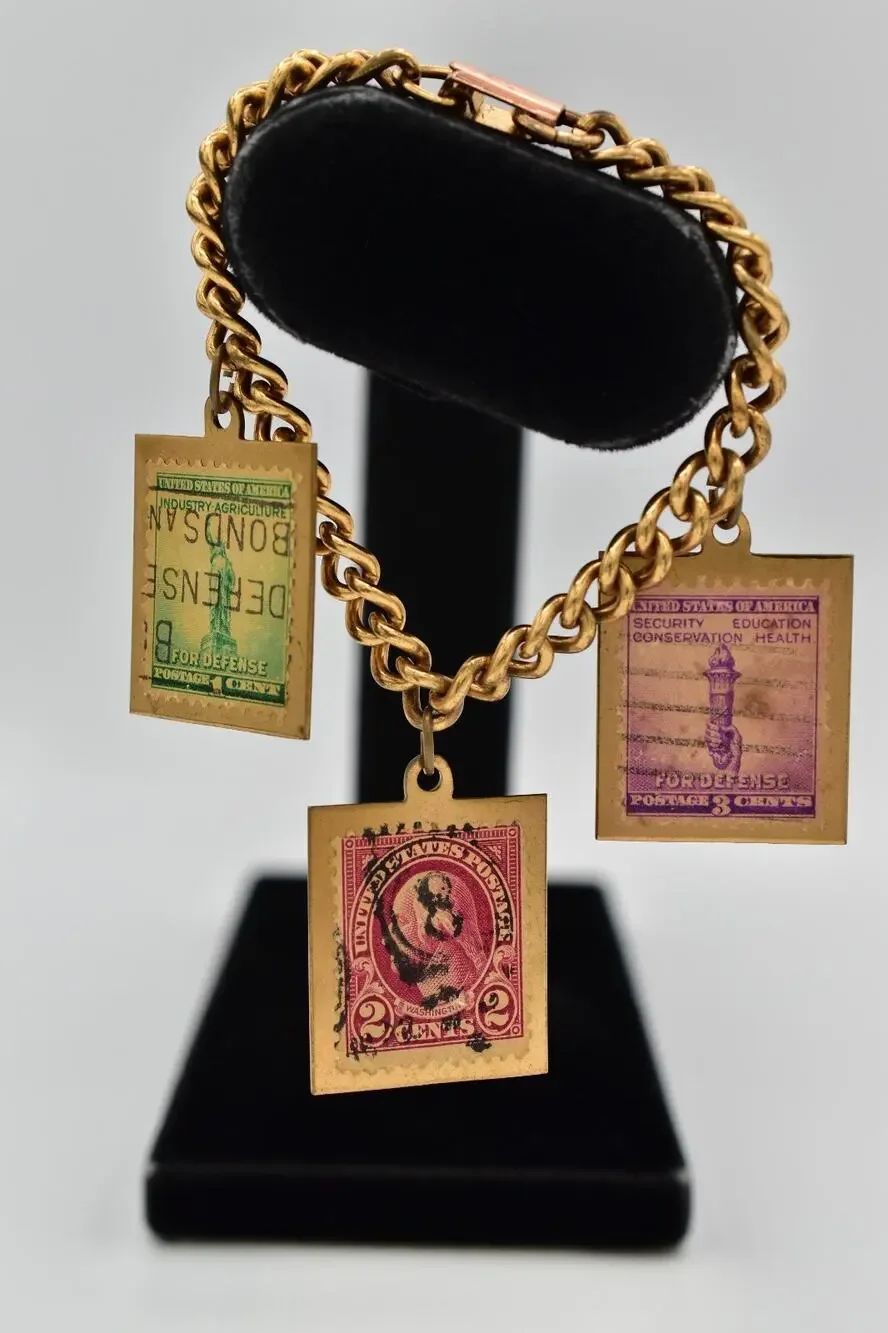 Vintage Stamp Charm Bracelet Antiqued Gold Dangle USA Florida California BinAW